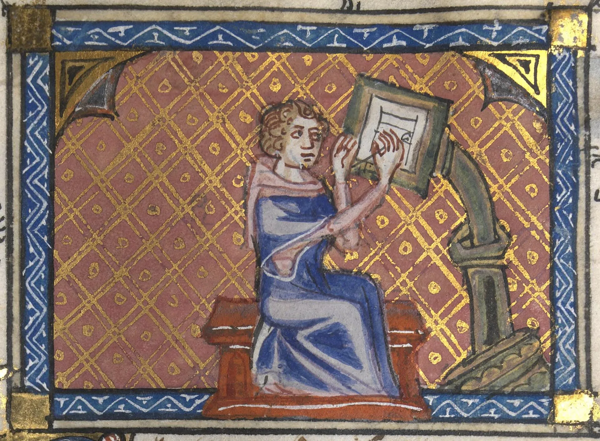 Roman de la Rose f. 28r (Author at writing desk), 14th century